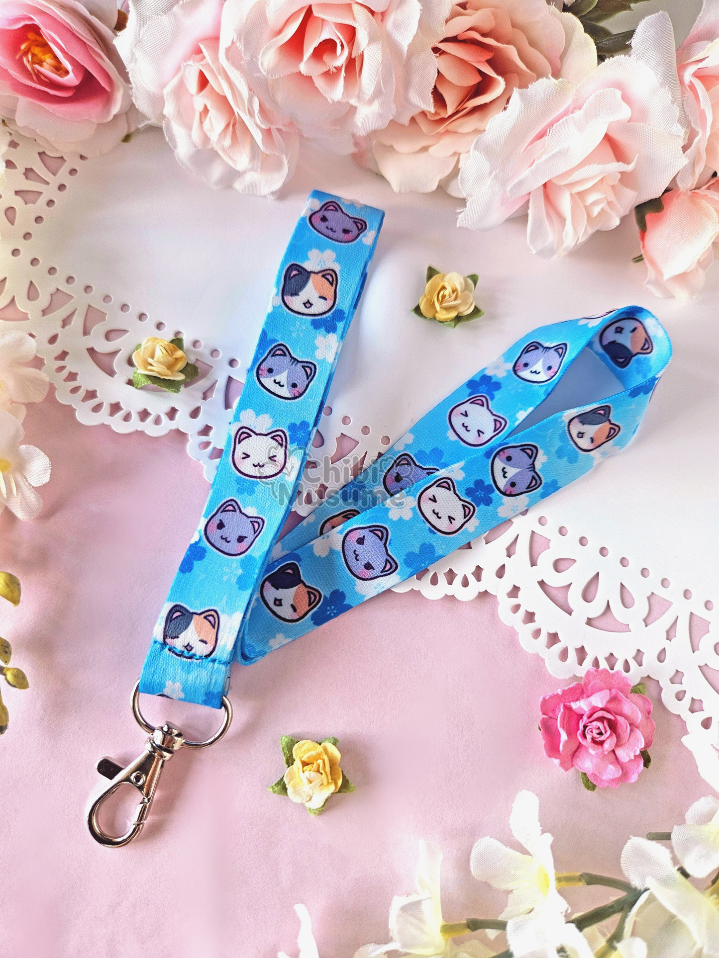 Cat Sakura Blue Lanyard